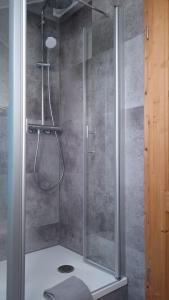 a shower with a glass door in a bathroom at Familie Sattler in Pappenheim