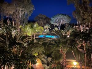 a view of a building with palm trees at night at PUERTO BANUS Apartamento FANTASTICO in Marbella