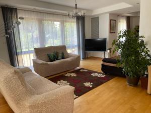 a living room with two chairs and a flat screen tv at Vila Berlin in Prague