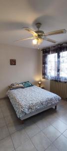 アジャンにあるHypercentre grand appartement lumineux 3 chambres parkingのベッドと天井扇風機のある寝室