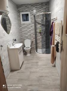 a bathroom with a shower and a toilet and a sink at Domek in Mielec