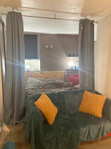 - une chambre avec un lit et 2 oreillers dans l'établissement Le « studio sur la Neste » dans le centre d’Arreau, à Arreau