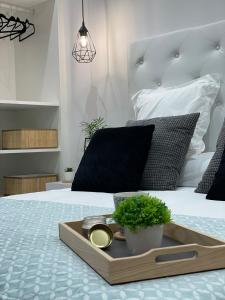 un letto con vassoio in legno e un trayasteryasteryasteryasteryasteryasteryasteryasteryasteryasteryasteryasteryasteryasteryasteryasteryasteryasteryasteryasteryasteryasteryasteryasteryasteryasteryasteryasteryasteryasteryasteryasteryasteryasteryasteryasteryasteryasteryasteryasteryasteryasteryasteryasteryasterstersteryasteryasteryaster di ALANDA vivienda turística a Burgos