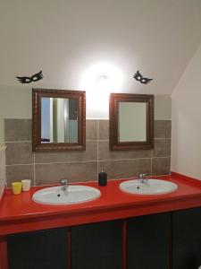 ein Badezimmer mit zwei Waschbecken und zwei Spiegeln in der Unterkunft La Ferme de la Fosse Dionne in Tonnerre + 30 Fotos