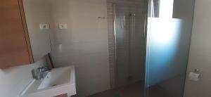 a bathroom with a glass shower and a sink at Apartments Barbic in Medulin +70 photos