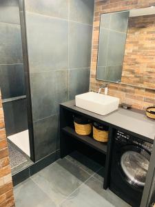 a bathroom with a sink and a washing machine at La Loge des Artistes in Honfleur