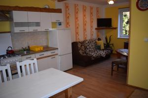 a kitchen and living room with a white refrigerator at Agroturystyka u Wioli i Irka , apartament u Beaty in Karsin