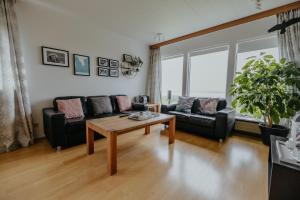 a living room with a couch and a coffee table at Lambanes-Reykir Holiday Home in Barð