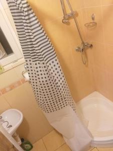 a shower curtain in a bathroom with a toilet at Malinowe Wzgórze całoroczny domek 30 km od Rzeszowa in Brzeżanka