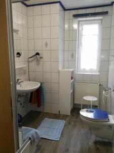 a bathroom with a sink and a toilet and a window at Ferienwohnungen Hochgrebe in Kleinern +12 photos