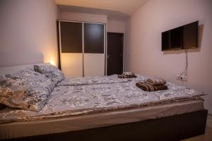 a bed with two pillows and a flat screen tv at Your place in Plovdiv