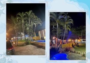 duas fotografias de um resort à noite com palmeiras em Hostel Pedacinho do Céu em Itanhaém