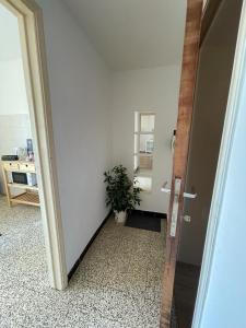a hallway with a door and a plant in a room at Appartement dans un beau quartier à Anderlecht in Brussels