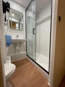 La salle de bains est pourvue d'une douche, de toilettes et d'un lavabo. dans l'établissement Hôtel Le Green, au Havre