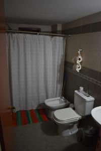 La salle de bains est pourvue de toilettes et d'un rideau de douche. dans l'établissement Altos de Santiago Bed & Breakfast, à San Miguel de Tucumán