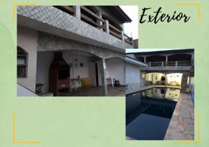 eine Collage mit Fotos von einem Haus und einem Pool in der Unterkunft Pousada&Hostel Lincoln Praia Grande in Praia Grande