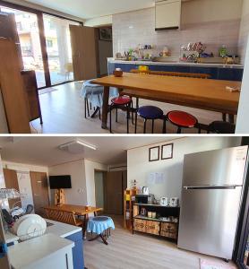 2 Bilder von einer Küche und einem Wohnzimmer in der Unterkunft Gilson Guesthouse in Sokcho
