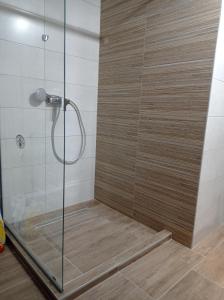 a shower with a glass door and a wooden floor at Receptiva BL in Banja Luka