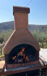 un horno de ladrillo con un fuego dentro de él en Casa Monte Calvo, en Izola