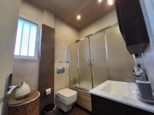 a bathroom with a shower and a toilet and a sink at The Sound of the Sea in Liyiá