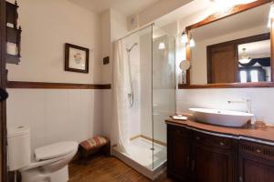 a bathroom with a sink and a shower and a toilet at Casona Indiana de Ayuelas in Ayuelas