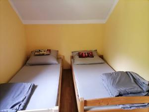 2 Einzelbetten in einem kleinen Zimmer mit in der Unterkunft Parádóhuta Apartman in Parád