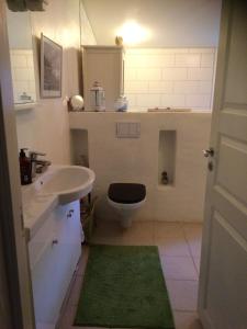 uma casa de banho com um lavatório branco e um WC. em Martebo Bed & Breakfast em Tingstäde