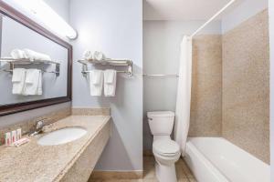 a bathroom with a toilet and a sink and a mirror at Days Inn by Wyndham Austin/University/Downtown in Austin