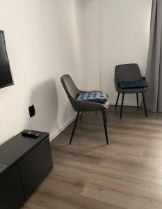 uma sala de estar com duas cadeiras e uma televisão em Strawberry Apartments City Center em Novi Sad