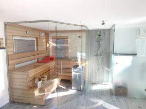 a bathroom with a shower and a glass wall at Kreischberg Deluxe with Finnish Sauna in Sankt Lorenzen ob Murau