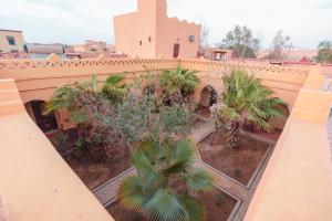 a view of a courtyard with palm trees and a building at Riad Mamouche in Merzouga