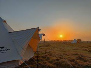 a tent in a field with the sunset in the background at Burhan Wilderness Camps in Bhurkīā