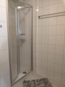 y baño con ducha y puerta de cristal. en Studio Apartment Souterrain in Freiburg, en Freiburg im Breisgau