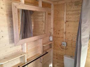 a wooden bathroom with a toilet and a mirror at Vigo Retreat cabin 1 in Sevenoaks