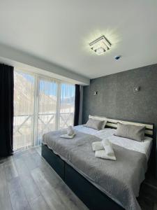 a bedroom with a large bed and a large window at Besami Hotel in Kazbegi