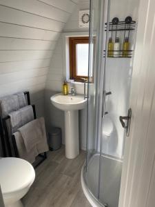 a bathroom with a shower and a sink and a toilet at Duirinish Pods with Private Hot Tubs and Duirinish Bothy with No Hot Tub in Plockton