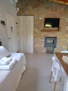 ein Schlafzimmer mit einem Steinkamin und einem TV an der Wand in der Unterkunft El Rincón de Alejo in Merlo
