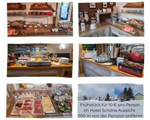 a collage of four pictures of a restaurant with food at Pension Breitenborn in Masserberg