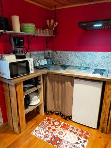 a kitchen with red walls and a counter top at L'oustalet de Mamy in Dourbies