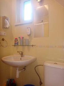 a bathroom with a sink and a toilet and a mirror at Chatka Tatry in Veľký Slavkov