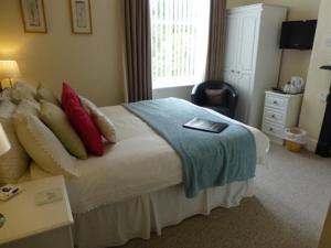 a bedroom with a bed and a desk and a window at Bryn Derwen Guest House in Conwy