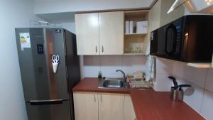 eine kleine Küche mit Kühlschrank und Spüle in der Unterkunft Vista Apartments - Aire Acondicionado y Estacionamiento in Rancagua