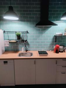 a kitchen with a sink and a blue brick wall at LoL apartment in Alicante