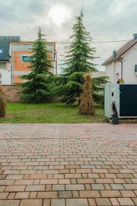 a brick driveway in a yard with two trees at Bah Apartment in Ljubljana