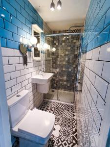 La salle de bains est pourvue de toilettes, d'un lavabo et d'une douche. dans l'établissement Plaza Hotel, à Londres