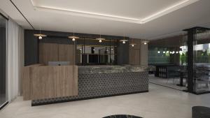 a lobby with a bar with a counter at M. HOTEL in San Antonio +16 photos