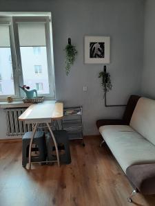 ein Wohnzimmer mit einem Sofa und einem Tisch in der Unterkunft Apartament Oksywska Przystań in Gdynia