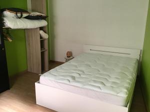 a white bed in a room with a green wall at Maison calme et fonctionnelle in Mousseaux-sur-Seine