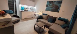 uma sala de estar com um sofá e uma cozinha em Sea Power Horyzont Apartament 25 PICCOLO em Jastrzębia Góra