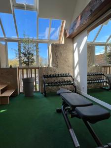 a gym with green carpet and benches and windows at Hotel Abbaye du Golf de Lésigny in Lésigny
